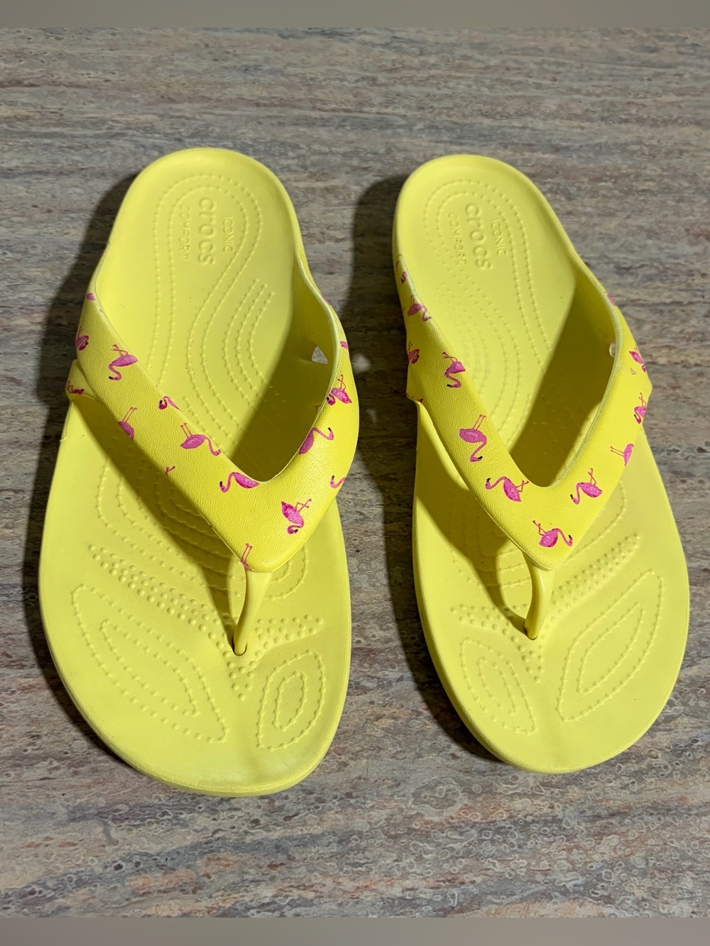 CROCS Yellow Flip Flop Sandals with Pink Flamingo Print